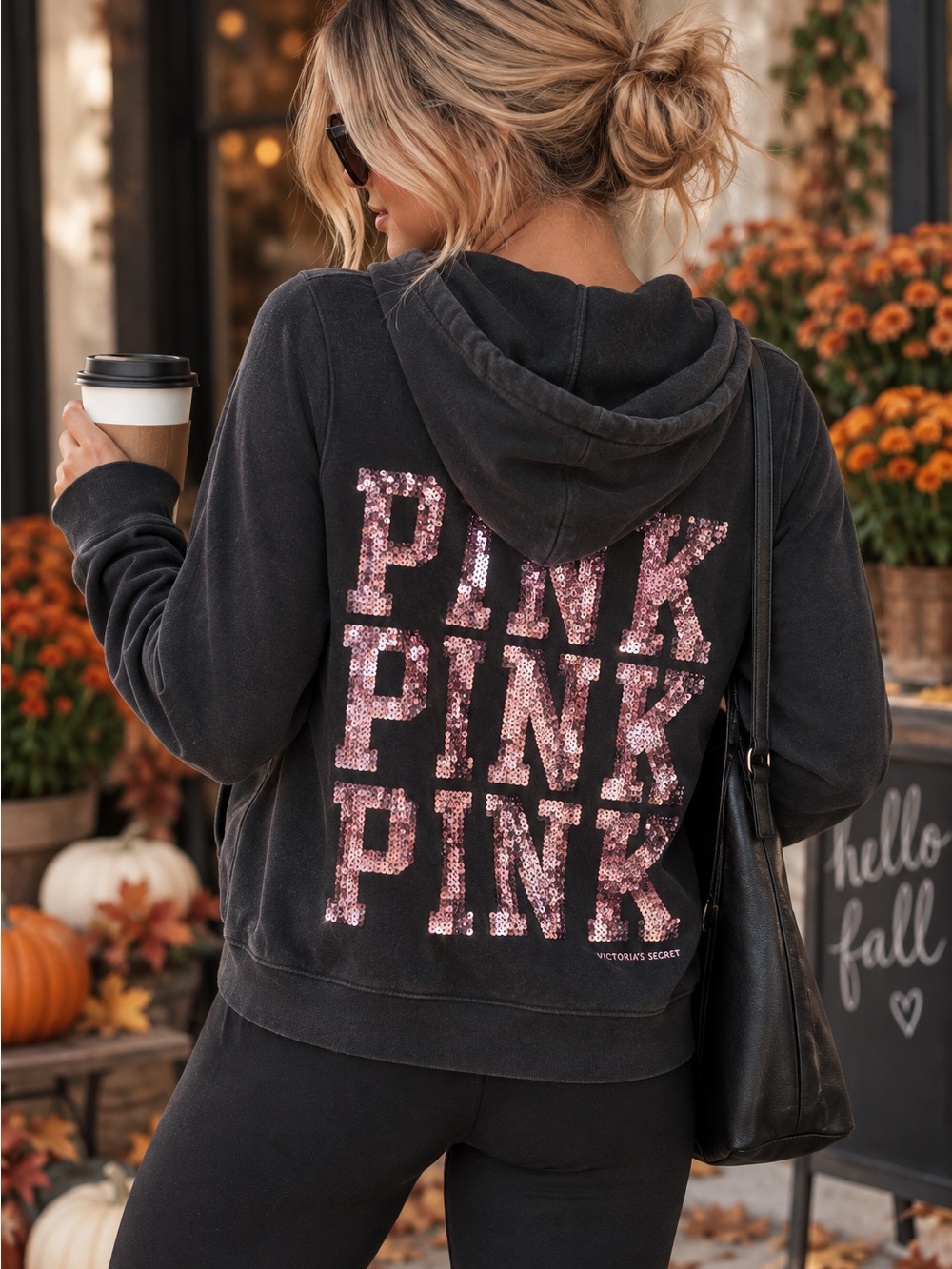 Victoria’s Secret PINK Sequin Logo Zip Up Hoodie Black Women’s XS Y2K